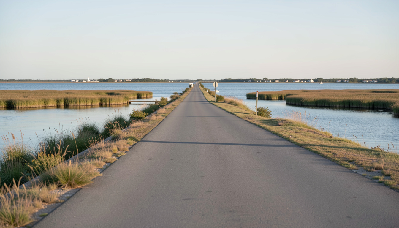 Vue à hauteur d'eau sur le marais bordant la chaussée entre Morehead City et Atlantic Beach, plan d'eau calme des deux côtés de la route, lumière rasante de fin de journée, cadrage large vers l'horizon.