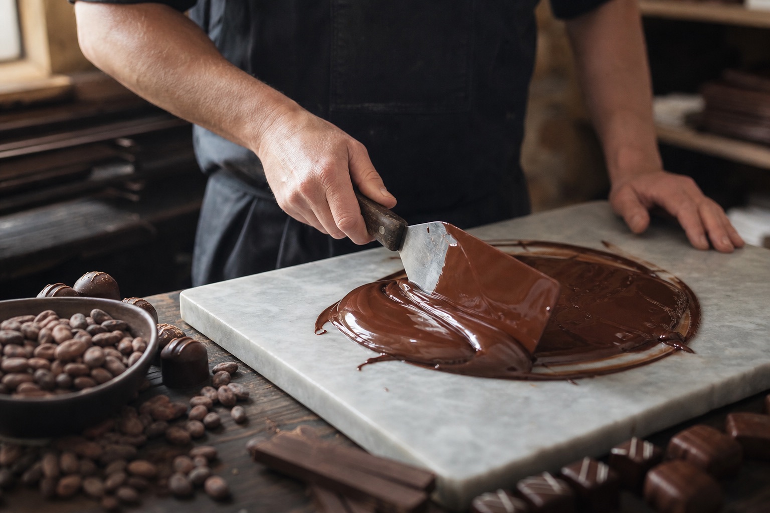 Mains d'artisan tempérant du chocolat sur marbre