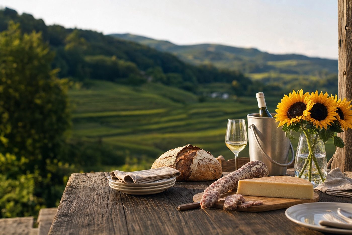 Table de déjeuner en terrasse avec produits vaudois et tournesols, collines du Gros-de-Vaux